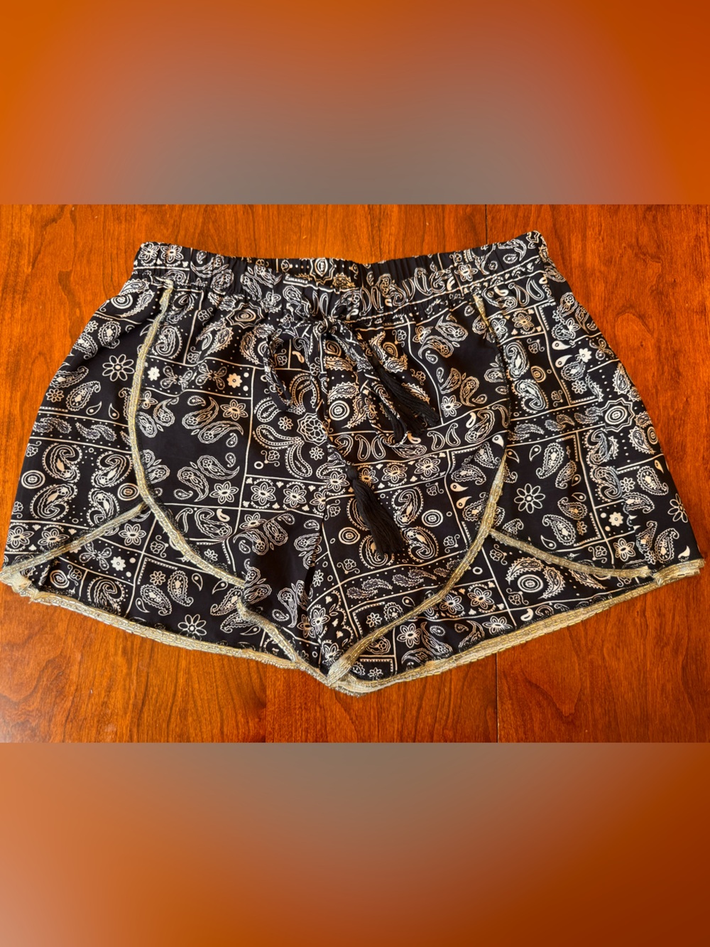 Alya Dark Blue Paisley Athletic Shorts with Gold Trim